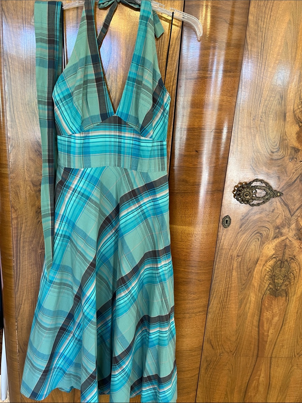 Bandolino Teal and Blue Plaid Halter Fit and Flair Dress Size 4